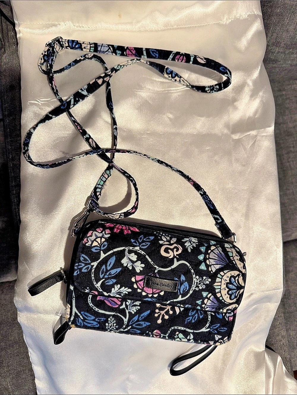 Vera Bradley RFID Wallet Crossbody Floral Bag in Black & Blue with White & Pink
